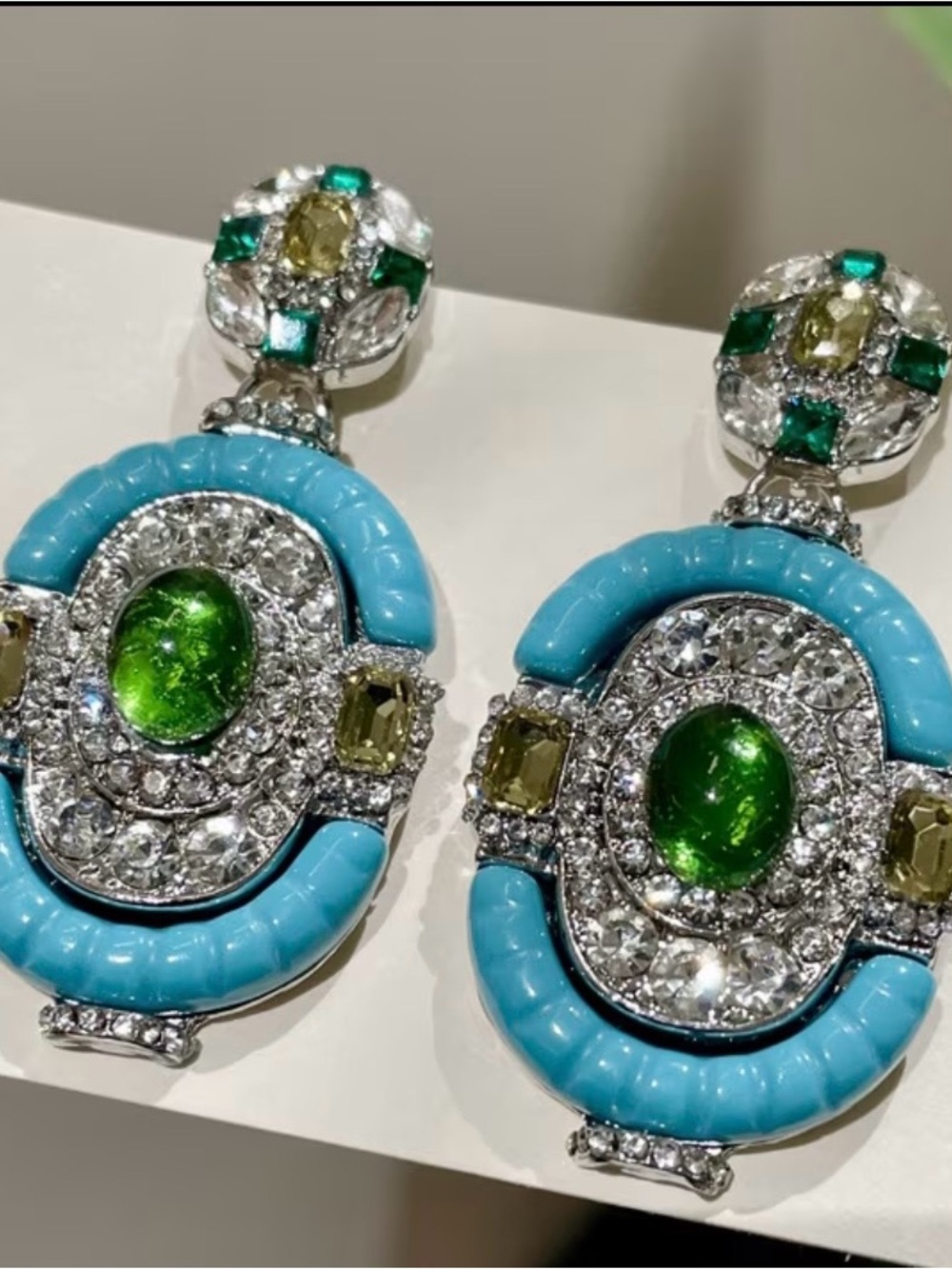 Turquoise and Green Crystal Drop Earrings - Elegant Statement